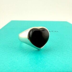 Tiffany & Co. Elsa Peretti Heart Shaped Black Jade Cabochon Ring Sterling Silver